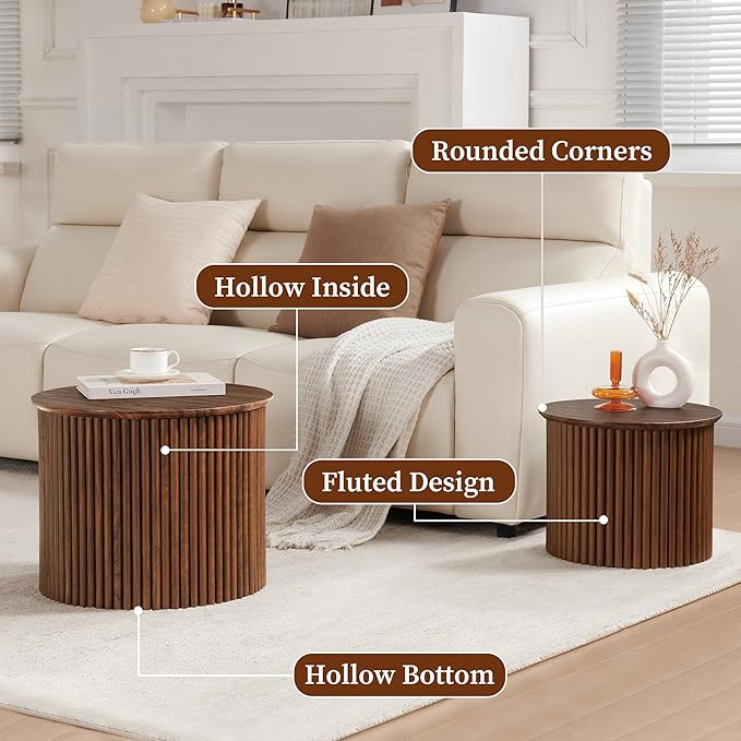 Small Fluted Round Nesting Coffee Table Set of 2, Mid Century Modern Coffee Table Circle Side Table, Wood Nesting Table Farmhouse End Tables Set for Living Room, Bedroom, Small Spaces(Walnut