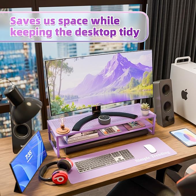 Simple Trending 2 Tier Metal Dual Monitor Stand Riser, Computer Office Desktop Organizer for 2 Monitors with 32"x10" Mouse Pad for Laptop, Printer, TV, Purple