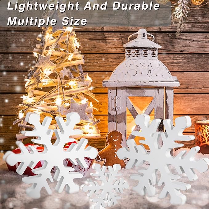 5Pcs Snowflake Christmas Table Decorations, White Distressed Wooden Snowflakes Tabletop Christmas Centerpieces Winter Farmhouse Tiered Tray Decor for Xmas Holiday Party Supplies Home Mantel Decor