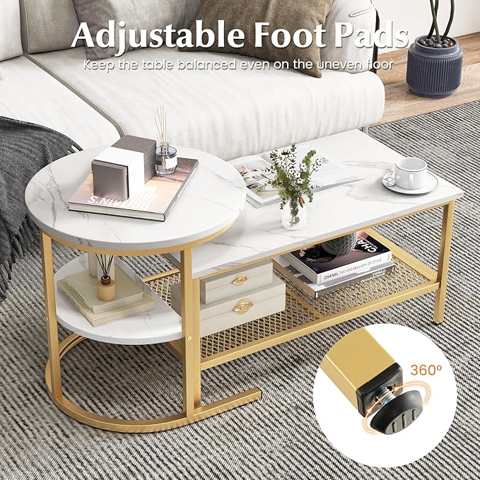 GOFLAME Nesting Coffee Table Set of 2, 2 PCS Nesting Tables with Faux Marble Top and Extra Storage Shelf, Modern Round End Table & Rectangular Coffee Tables for Living Room, Bedroom, Gold+White