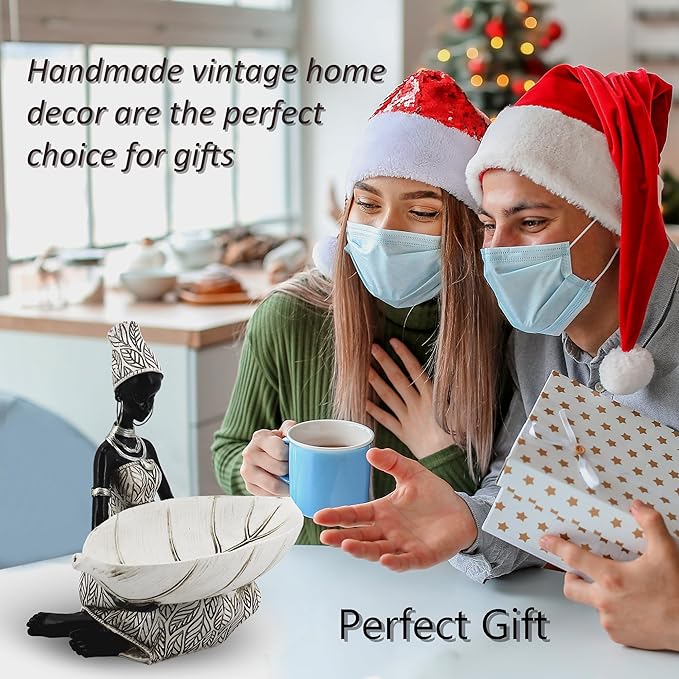 African Tribal Lady Holders Figurine, African Statue Home Decoration, Sculptures Table top Bookshelf Decor for Wedding,Church,Holiday Decor-African Decorative White Color(314-B)