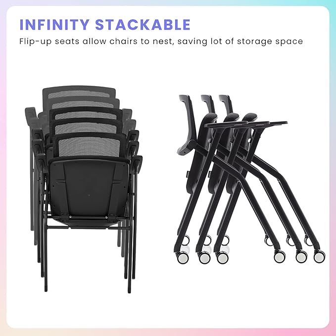 4 Pack Stackable Conference Room Chairs with Wheels and Paddle, Ergonomic Mesh Back and Arms for Meeting, Conference, Reception, Training Room & Home Office Desk Folding Chairs (2 Boxes)