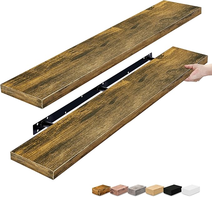 Sorbus Floating Shelves for Wall - 55 Inch Extra-Long Bathroom Shelves, Wall Decor for Bedroom, Kitchen, Living Room, Book Storage - Mounted Floating Shelf with Hidden Brackets (Rustic Brown, 2 Pack)