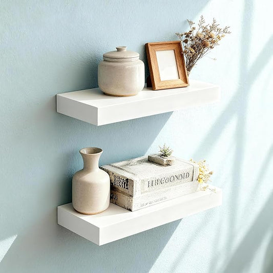 Floating Shelves for Wall(Set of 2)-16 Inch White Wood Wall Shelf with Invisible Brackets for Bathroom,Bedroom,Drawingroom,Kitchen for Decor