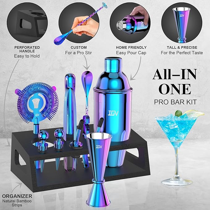 IOV Mixology Bartender Kit with Stand | 12-Piece Cocktail Shaker Set | 24oz Martini Shaker Set for Drink Mixing | Bar Set Includes All Bar Tools and Recipe Booklet | Fun Housewarming Gift (Rainbow)