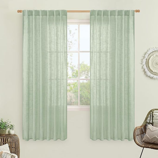 LAMIT Fresh Green Linen Curtains for Living Room, 78 Inch Faux Linen Textured Light Filtering Drapes Back Tab and Rod Pocket Boho Panels for Farmhouse/Bedroom/Porch, 52 x 78 Inch, 2 Panels Set