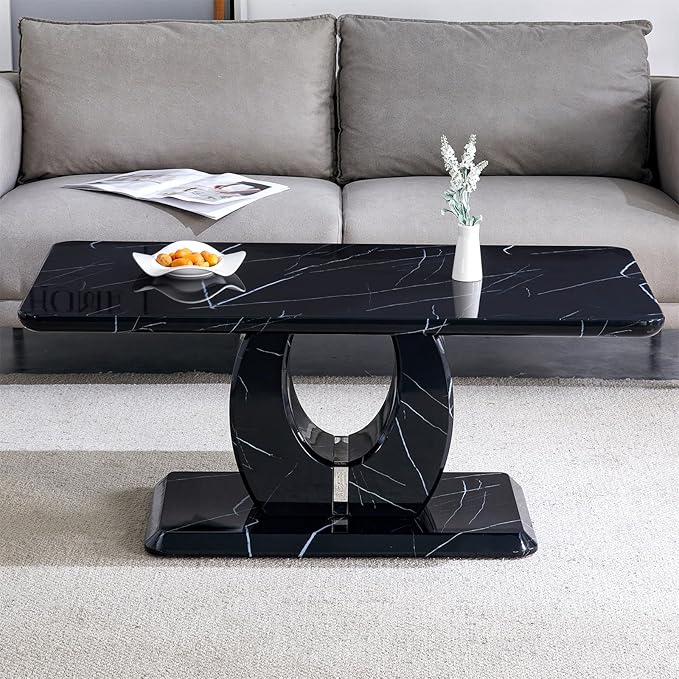 LKTART Rectangle Coffee Table for Living Room, Imitation Marble Coffee Tables with Storage, Modern Stable Base Center Tea Table for Dining Room Small Space Apartment (43.3''L×22.4''W-Black)