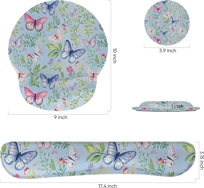 Ergonomic Keyboard Mouse Pad Wrist Rest Support Set for Laptop/Computer/Desktop,Memory Foam Hand Rest Wrist Cushion for Gaming/Office,Lightweight Comfortable & Pain Relief (Butterflies)
