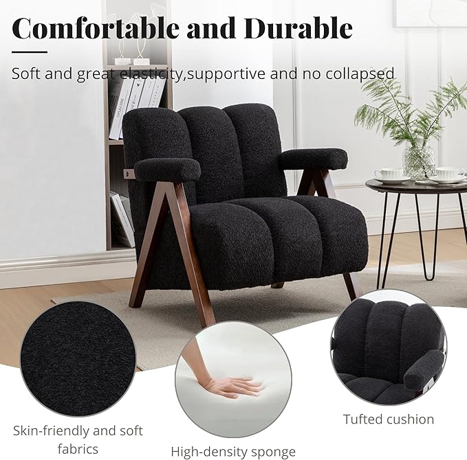 Mid Century Modern Accent Chairs Set of 2 with Solid Wood Frame, Boucle Upholstered Living Room Chairs with Thick Cushion, Comfy Tufted Arm Chair for Bedroom, Black