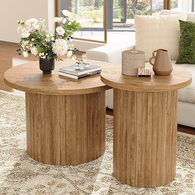 Nesting Coffee Table Set of 2, Mid Century Modern Round Coffee Table, Wood Slat Side Table Set for Living Room, Office, Balcony (Natural Oak)