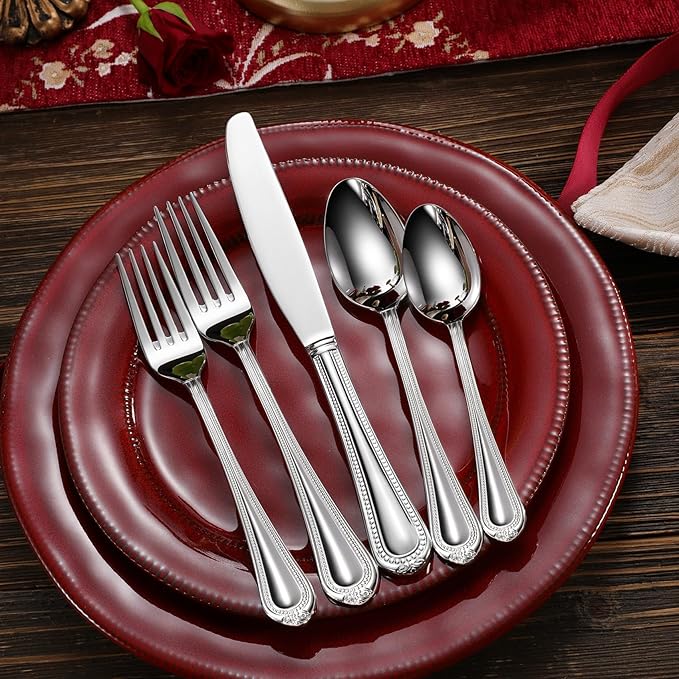 KEAWELL Pearl Edge Premium 20-Piece Refined Bead Silverware Set, 18/10 Stainless Steel, Service for 4, Fine Flatware Set, Dishwasher Safe (20, Silver)