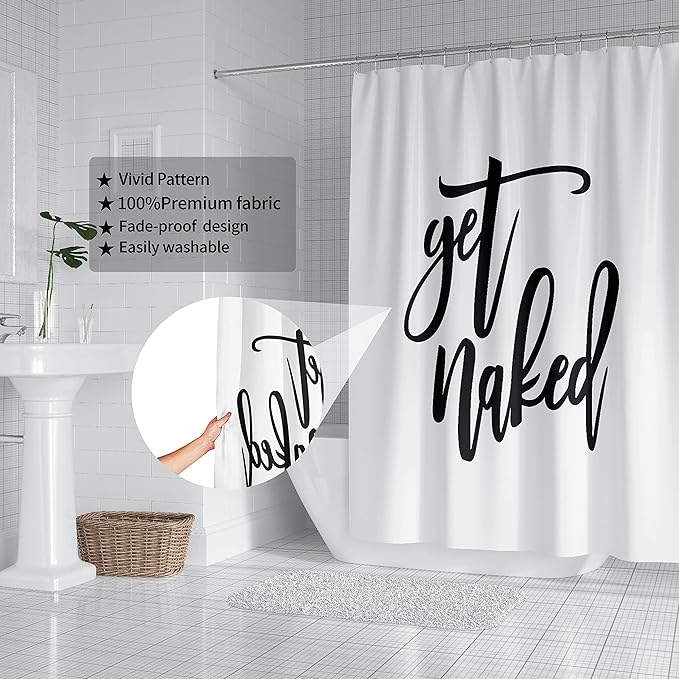 Domoku Get Naked Shower Curtain White Decor Black Words Shower Curtain Funny Bathroom Curtain Polyester Fabric Waterproof with 12Hooks,72x72 inch