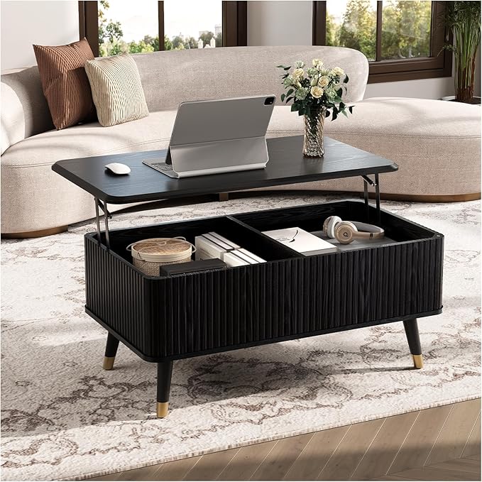 Lift Top Coffee Table, Mid Century Modern Coffee Table with Hidden Compartment, Fluted Lift Tabletop Center Table for Living Room, Home Office, Black