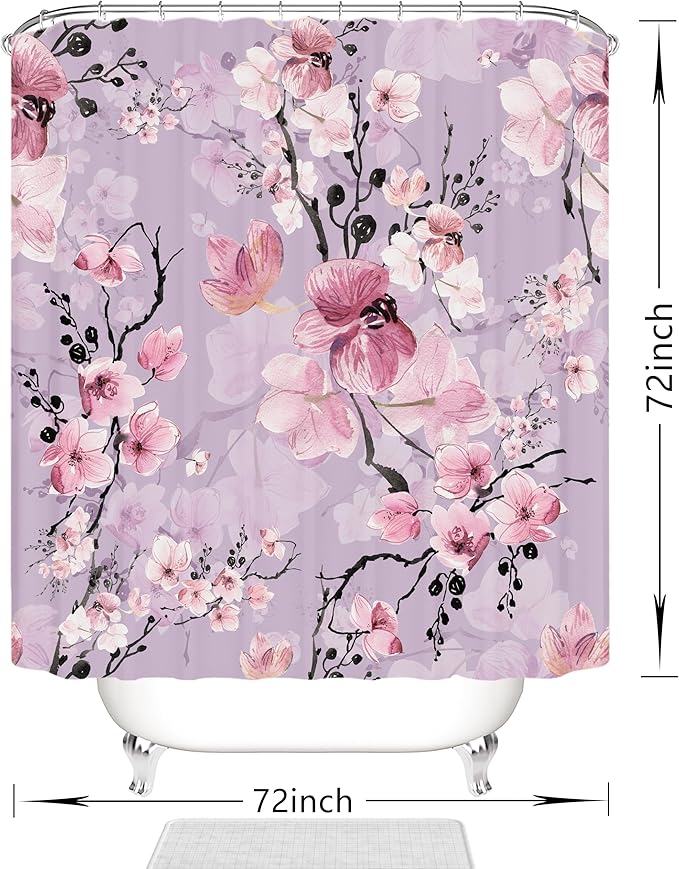 Domoku Pink Cherry Blossom Shower Curtain, Japanese Watercolor Flower Decoration Set, Easy Care Waterproof Machine Washed Durable Polyester Fabric, 72" x72"