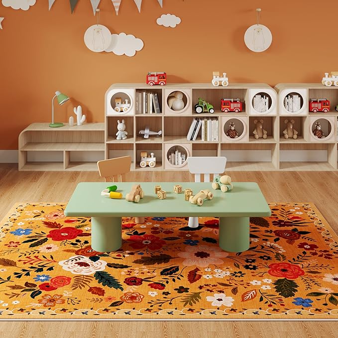 Rugcomf Area Rugs 8x10 Rug for Living Room Clearance Washable Boho Area Rug Non Slip Floral Vintage Low Pile Large Rug for Living Room, Bedroom, Farmhouse, Dining Room, Kids Playroom(Yellow)