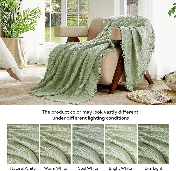 SOULFUL Muslin Throw Blanket with Tassels - Soft Twin Cotton Throw Blanket for Couch or Bed, Lightweight and Breathable Gauze for All Seasons, Grassgreen, 60" x 80"