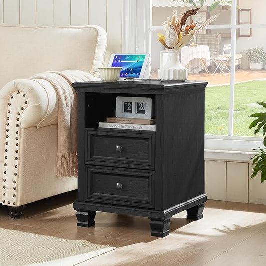Farmhouse Side Table with Charging Station, Rustic Black Nightstand,2 Drawers End Table for Living Room,Bedside Table with Open Shelf for Bed Room,Black