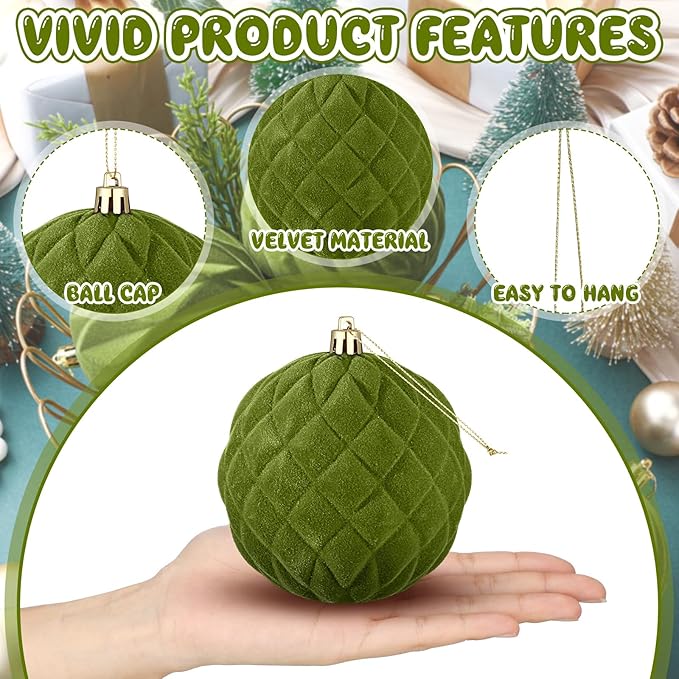 4 Pcs 4 Inch Large Velvet Christmas Ball Ornaments Vintage Christmas Plastic Ball Ornaments Flocked Tree Hanging Decoration for Xmas Party Wedding Home Decor(Olive Green)