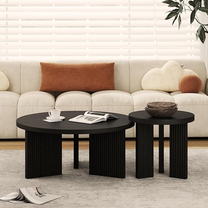 Nesting Coffee Table Set of 2, Modern Wooden Coffee Table with Smooth Thick Design, Circle Tea Table and End Table Set, Accent Center Tables for Living Room, Office, Black