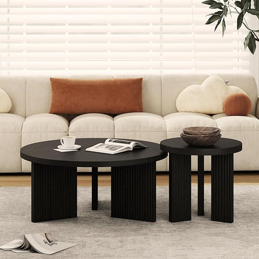 Nesting Coffee Table Set of 2, Modern Wooden Coffee Table with Smooth Thick Design, Circle Tea Table and End Table Set, Accent Center Tables for Living Room, Office, Black