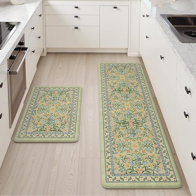 Collive Green Kitchen Mats for Floor, Cushioned Anti Fatigue Mat Non Skid Waterproof Kitchen Rugs Set of 2, Beige Vintage Comfort Standing Desk Rug for Office, Sink, Laundry, 17"x30"+17"x59"