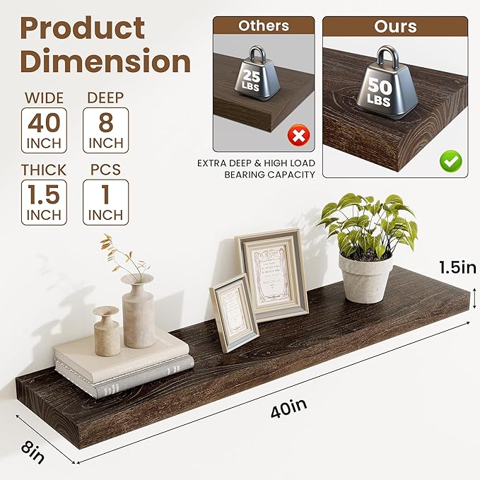 Floating Shelves, 8" Deep Rustic Solid Elm Wood Wall Mounted Floating Shelves, Wall Shelves with Invisible Bracket for Living Room Bathroom Bedroom Kitchen, 40 Inch, Walnut