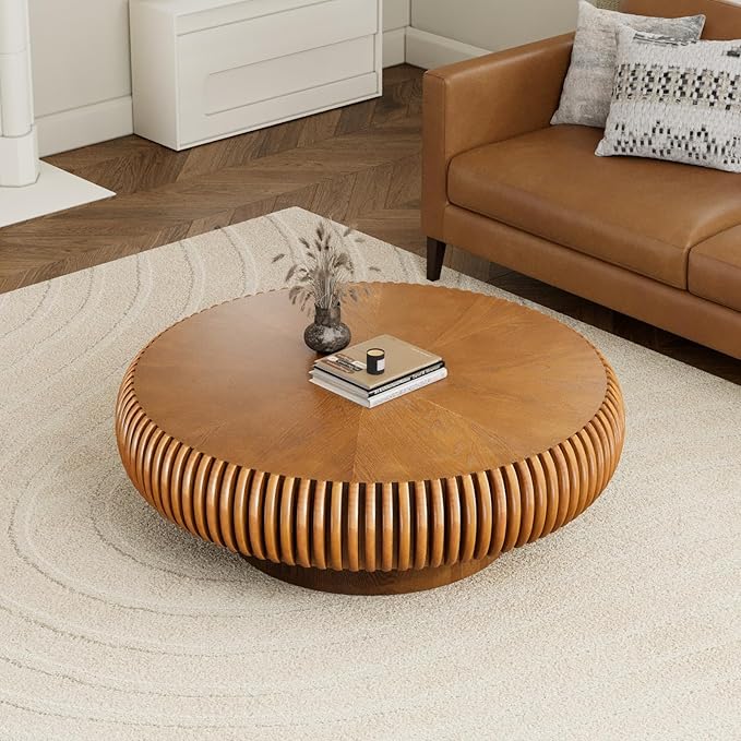 Fluted Drum Coffee Table Round Coffee Table for Living Room Mid Century Modern Coffee Tables with Sturdy Pedestal Circle Center Tea Table Accent Tea Table for Small Space Apartment (39.4inch Brown)