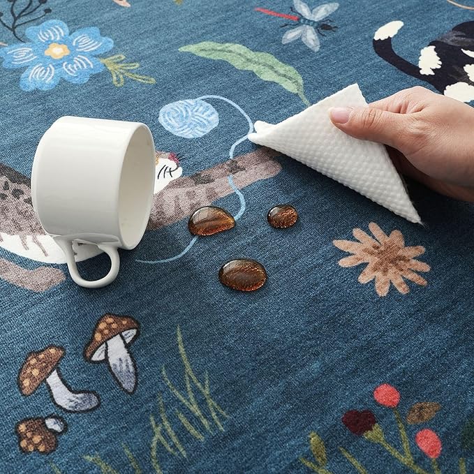 Rugcomf Area Rugs 8x10 Rug for Living Room Clearance Washable Boho Area Rug Non Slip Floral Animal Cat Vintage Low Pile Large Rug for Bedroom Farmhouse Dining Room Kids Playroom, Pearl Gentian Blue