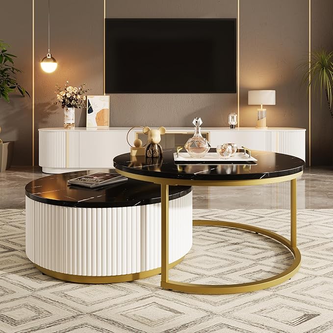 27.6" Modern Round Nesting Coffee Table Fluted with Drawer for Living Room in Black & Gold