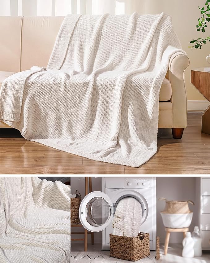 Super Soft Throw Blanket 50 x 60 Inches, Half-Side Plush Fuzzy Blanket for Couch, Sofa, Bed & Chair, Warm Cozy Lightweight Knit Blanket for Fall & Winter Beige