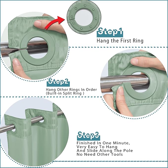 Conbo Mio No Hook Sage Green Shower Curtain with Snap in Liner Set, Hotel Luxury Shower Curtains for Bathroom with See Through Top Window, Waterproof, Washable 71W x 74H