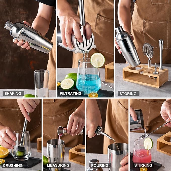 BRIOUT Cocktail Shaker Set, 8-Piece Bartender Kit Include Stand Martini Shaker Jigger Strainer Muddler Mixer Spoon Pour, Home Bar Accessories Tools for Drinks Mixing, Stainless Steel Silver