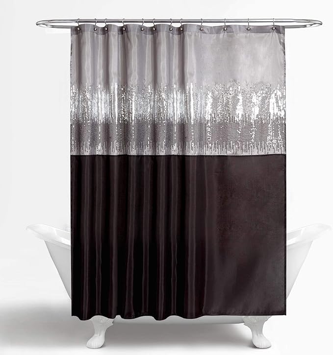 Lush Decor Night Sky Shower Curtain, Single, 72" W x 72" L, Black & Gray - Sequin Shower Curtain - Sparkly Color Block Bath Curtain - Modern Glam Bathroom Decor