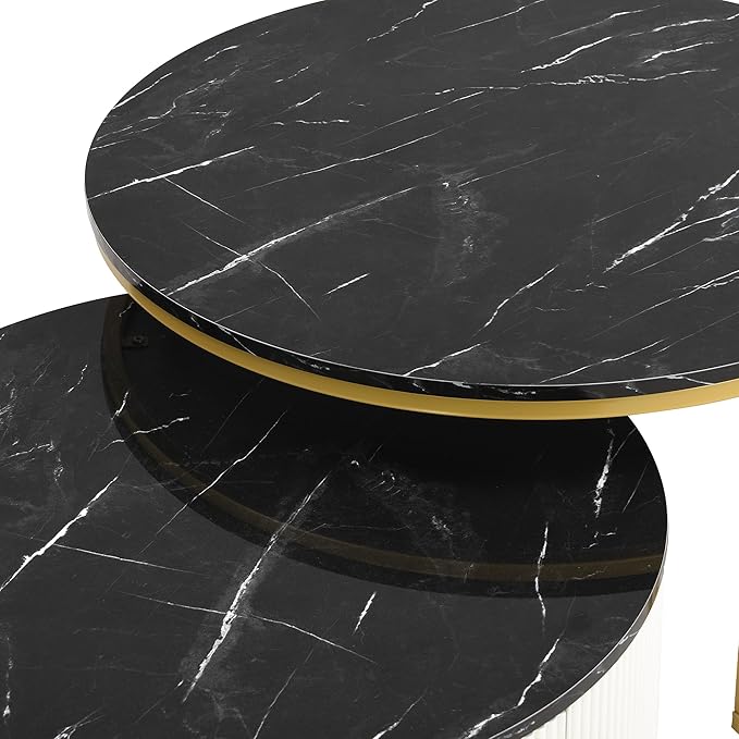 27.6" Modern Round Nesting Coffee Table Fluted with Drawer for Living Room in Black & Gold