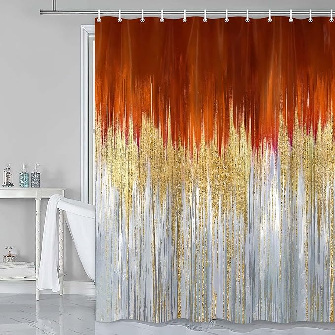 JAWO Abstract Orange Shower Curtain, Gold Blue Boho Ombre Minimalist Chic Art Shower Curtains, Modern Neutral Contemporary Striped Brush Strokes Tan Art Waterproof Bathroom Curtain with 12 Hooks