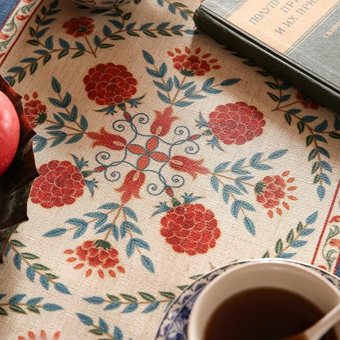 patdrea Designer Vintage Bright Farmhouse Linen Table Runner 87 Inch Long, Maroon Floral Pattern Table Mat, Decoration for Kitchen Dining Table Coffee Table Cabinet Banquet Christmas ,12"*87"