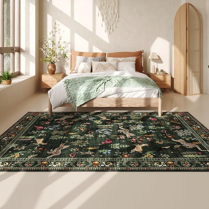 Rugcomf Area Rugs 8x10 Rug for Living Room Clearance Washable Boho Area Rug Non Slip Floral Animal Vintage Low Pile Large Rug for Living Room, Bedroom, Farmhouse, Dining Room, Kids Playroom (Green)