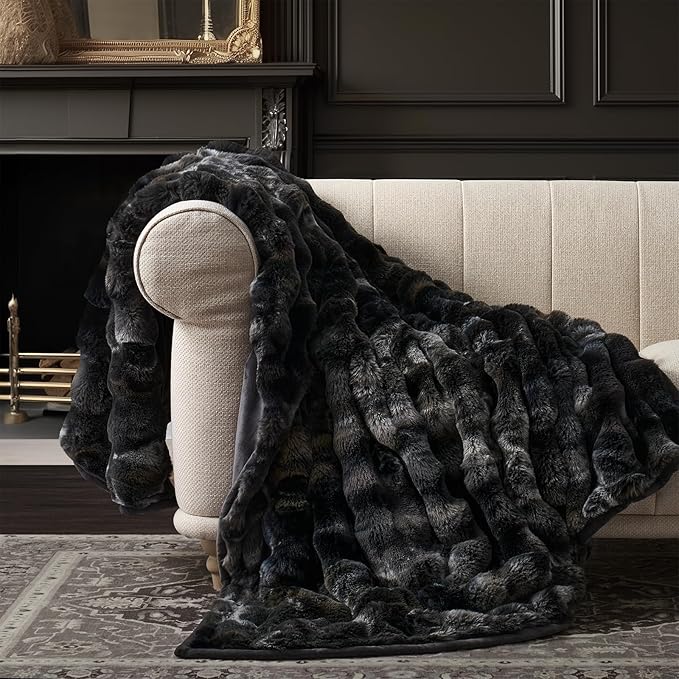 EverGrace Ultra Soft Luxury Fluffy Faux Rabbit Fur Throw Blanket, Thick Warm Bubble Throw for Bed, Cozy Plush Reversible Blankets for Couch, Chair, Sofa, Charcoal Grey Heather, 50x60 Inches