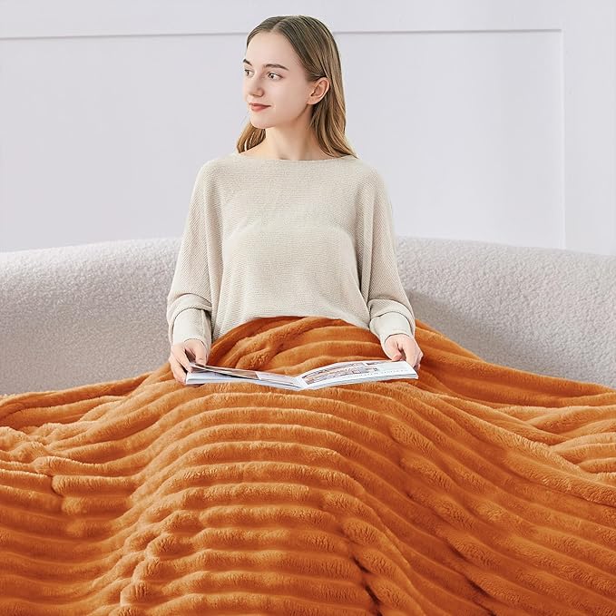 BEDELITE Fall Throw Blanket for Couch - 300GSM Soft & Warm Fluffy Fleece Blanket, Decorative and Giftable Burnt Orange Striped Blankets for Women, Men, 50"x60"