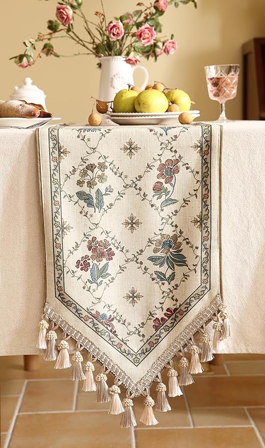 patdrea Designer Vintage Floral Linen Table Runner 87 Inch Long, Beige Cottage Rustic Bouquets Pattern Table Mat,Decor for Kitchen Dining Coffee Table Shelf Cabinet Banquet Christmas ,12"*87"