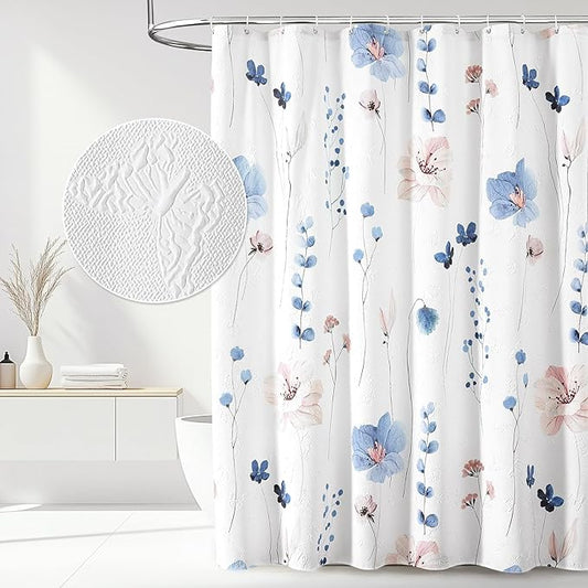 QiyI Watercolor Floral Shower Curtain, 3D Embossed Butterflies Blue Pink Flower Bathroom Curtain, Minimalist White Cloth Bath Curtain, Waterproof Fabric Textured Shower Curtain Set with Hooks, 72x72