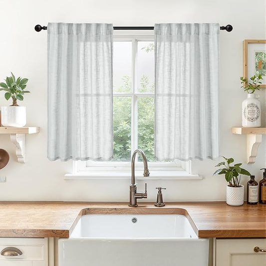 YoungsTex Light Grey Linen Curtains 40 Inch Length for Small Window, Semi Sheer Half Window Drapes Textured Light Filtering with Rod Pocket Back Tab for Cafe Bathroom, 2 Panels, 34 X 40 Inch