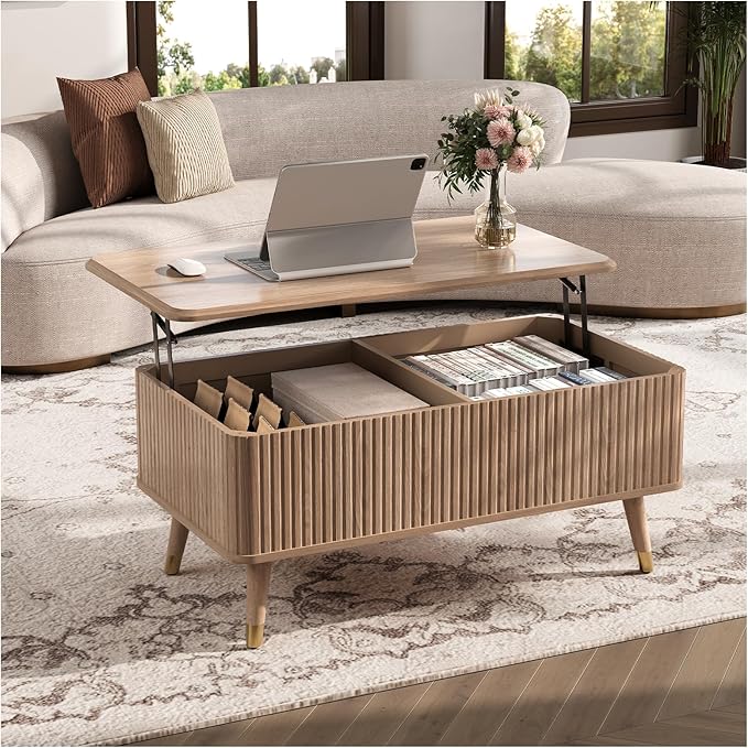 Lift Top Coffee Table, Mid Century Modern Coffee Table with Hidden Compartment, Fluted Lift Tabletop Center Table for Living Room, Home Office, Oak