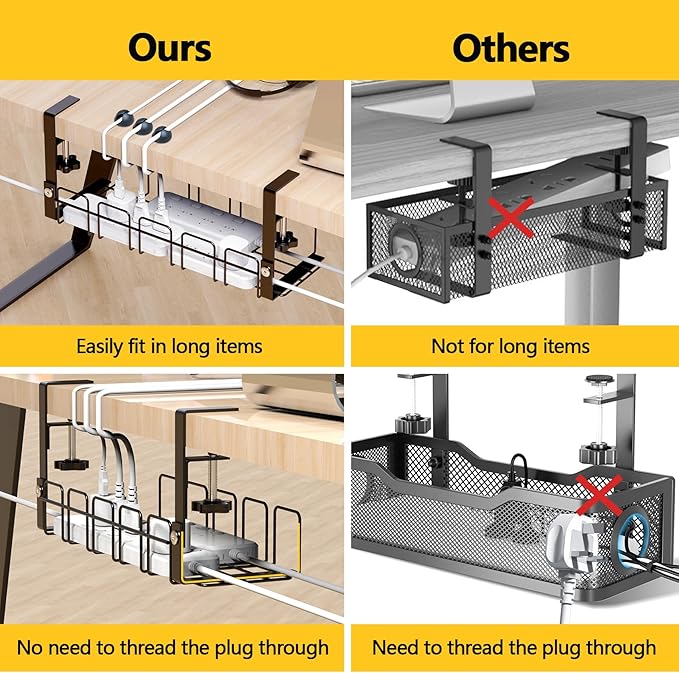 Under Desk Cable Management Tray,15.7” No Drill Cord Organizer with Clamps for Wire Management,4MM Under Desk Cable Management Tray for Home Office,Metal