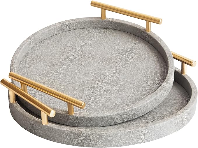 Leather Serving Tray, Set of 2 Round Shagreen Tray with Gold Polished Metal Handles, Decorative Trays Coffee Table Ottoman Trays for Living Room Bathroom Vanity Home Decor (Gray)