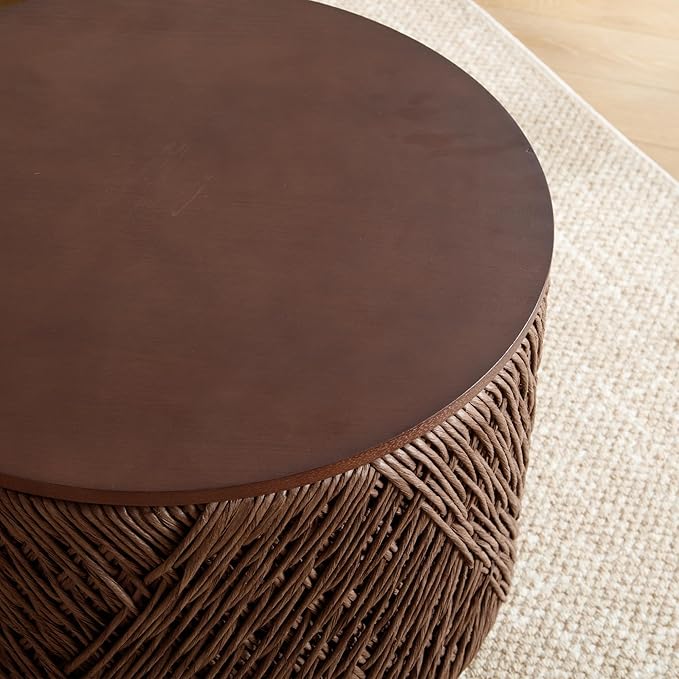Large Farmhouse Round Coffee Table with Storage Boho Living Room Table Hand-Woven Rattan Nesting Coffee Tables for Living Room, Brown