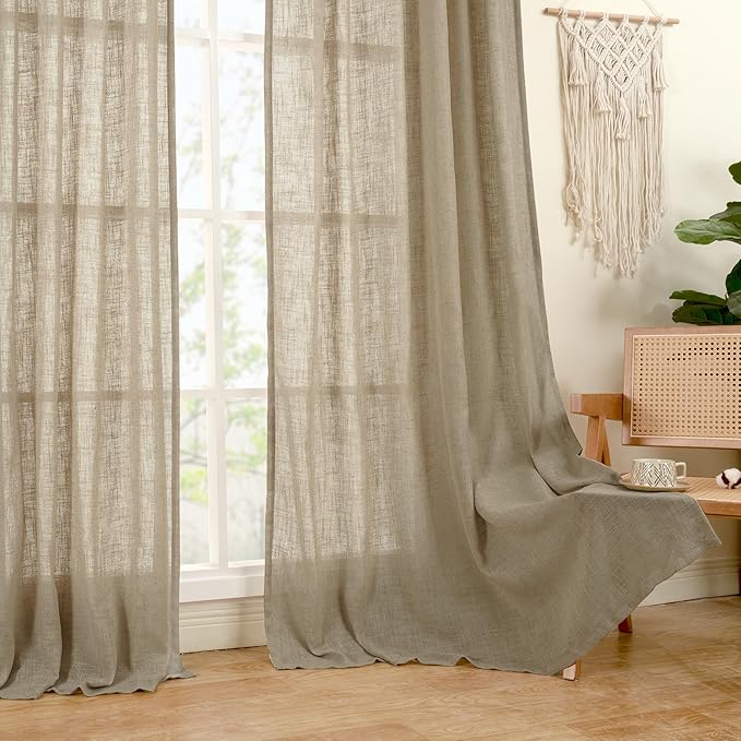 LAMIT Taupe Linen Curtains 90 Inch for Living Room, Back Tab and Rod Pocket Linen Textured Farmhouse Curtains Light Filtering Drapes for Bedroom/Dining Room, Set of 2, 52 x 90 Inch