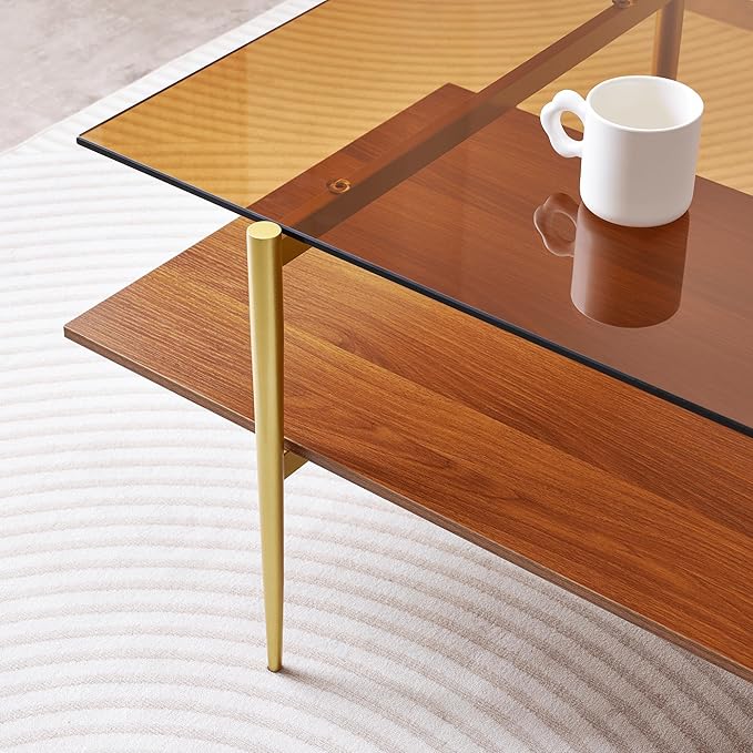 Extra Large Rectangle Glass Coffee Table, Mid-Century Modern Design for Living Room, L47 x W24 x H17, Amber Glass Top and Walnut MDF Shelf, Sleek Conical Metal Legs with Gold Finish