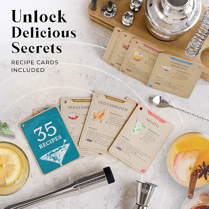 BARE BARREL® Mixology Bartender Kit Bar Set | 14-Piece Cocktail Shaker Set | Martini Barware Mixing Tools for Home Bartending | 35 Recipe Cards | Gift Set (24oz Cobbler Shaker, Silver/Natural)