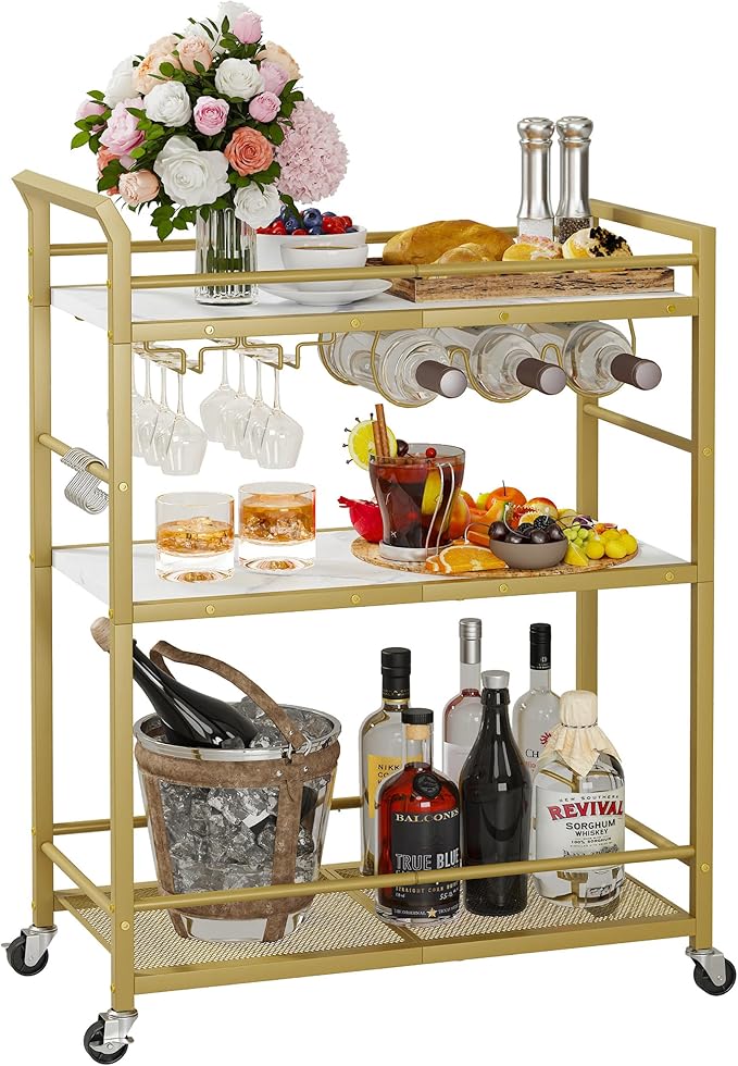 3 Tier Bar Cart, Home Bar Serving Cart with Wheels, Small Rolling Beverage Cart with Glass Holders, Mini Drink Cart with Wine Rack for Kitchen Dining Living Room Gold GBC507G
